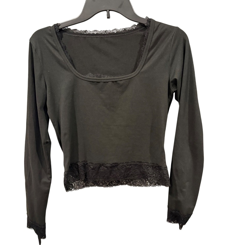 Black Lace Trim Scoop Neck Long Sleeve Top Coquette Ribbed Knit Baby Tee Med